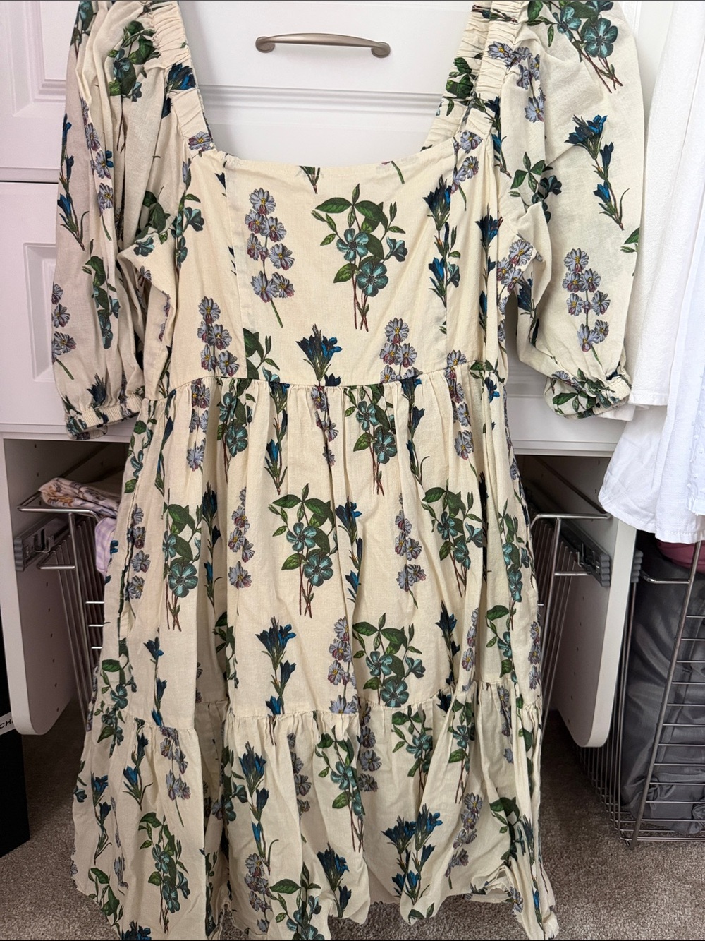 Pink Chicken Cream Floral Midi Dress with Green & Blue Print - Picture 1 of 5